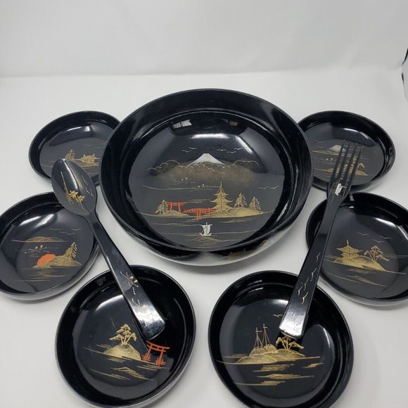Vintage MCM Aizu Hand Painted Gilded Black Lacquer 9pc Salad Set Bowls & Servers - Picture 1 of 8